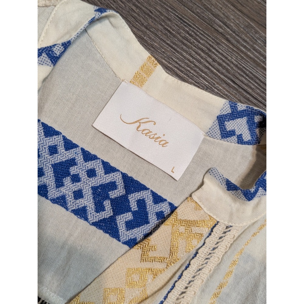 Kasia Boho Embroidered Peasant Blouse Cream Blue Gold Metallic Large Long Sleeve - Picture 3 of 4